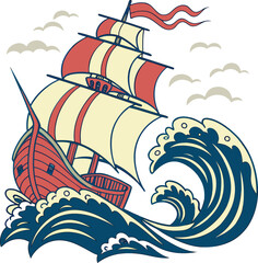 Vintage sailing ship vector illustration Colorful 