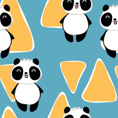 Fototapeta premium Seamless pattern with cute panda baby on color background. Funny asian animals. Card, postcards for kids. Flat vector illustration for fabric, textile, wallpaper, poster, gift wrapping paper.