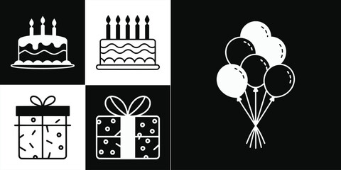 Black and white birthday icons with cake candles gift boxes and balloons in bold graphic style