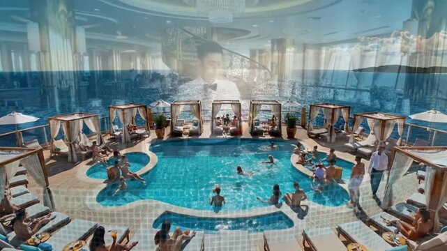A luxurious outdoor pool deck on a radiant sunny day, teeming with people enjoying leisure time. Guests are seen swimming in the sparkling blue waters of multiple interconnected pools, relaxing on ele