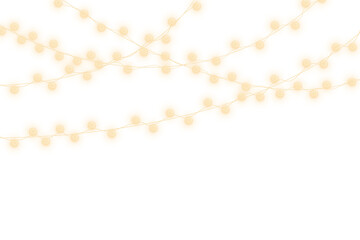 Garland glowing with fairy lights and ribbons on Christmas holiday banner for celebration. 