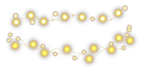 Garland glowing with fairy lights and ribbons on Christmas holiday banner for celebration. 