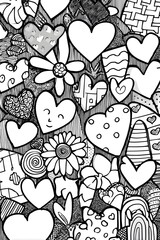 Cute Heart and Flower Doodle Coloring Page Filled with Whimsical Patterns, Shapes, Clouds, and Creative Designs