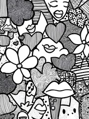 Cute Heart and Flower Doodle Coloring Page Filled with Whimsical Patterns, Shapes, Clouds, and Creative Designs