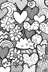 Cute Heart and Flower Doodle Coloring Page Filled with Whimsical Patterns, Shapes, Clouds, and Creative Designs