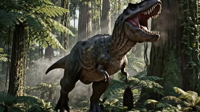 A majestic and fearsome prehistoric creature dominates the lush, ancient jungle, its powerful roar echoing through the primeval forest. This digitally rendered scene captures a colossal bipedal reptil