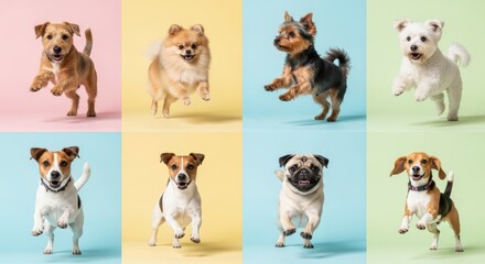 Eight energetic dogs of various breeds jumping joyfully