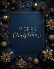 Luxury Merry Christmas Greeting Card on Dark Blue Background with Golden Decorations