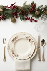 Elegant Christmas Table Setting with Vintage Plates and Festive Greenery