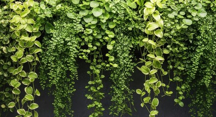 Fototapeta premium Lush green cascading plants create a natural wall backdrop.