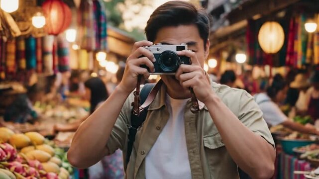 A male traveler is shown immersed in the vibrant atmosphere of a bustling outdoor market, holding a camera to capture a moment. The foreground features his hands expertly framing a shot, while the bac