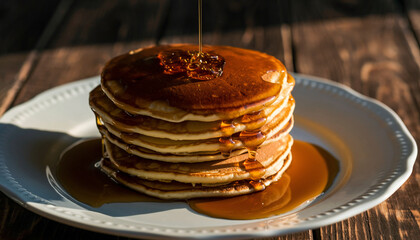 A stack of fluffy pancakes drizzled with rich maple syrup on a rustic plate. Perfect for food photography, breakfast recipes, or sharing delicious dishes and morning treats on social media.
