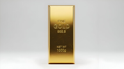 Gold bar with fine gold 9999 and net wt 1000g text standing upright on clean light background showing wealth investment asset value luxury metal finance market savings money economic growth and commer