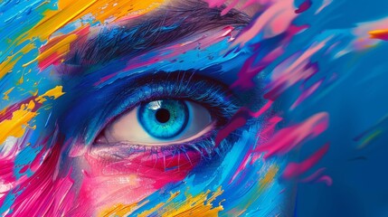 A vivid portrayal showcasing a striking blue eye partially obscured by bright splashes of paint, reflecting creativity and art in an intimate moment