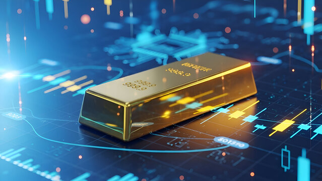 Gold bar with engraved text R PNER FINE SONI and purity mark 9999.9 placed on digital financial market chart showing stock data trend value trade asset metal wealth investment concept suitable 