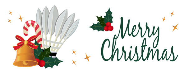 Christmas badminton shuttlecock composition with pine branches, holly, ribbon and sparkling accents. Ideal for holiday cards, sport-themed graphics and winter illustrations.