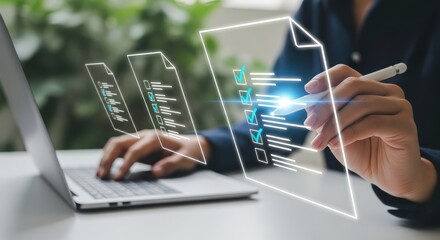 Digital checklist being completed on futuristic interface