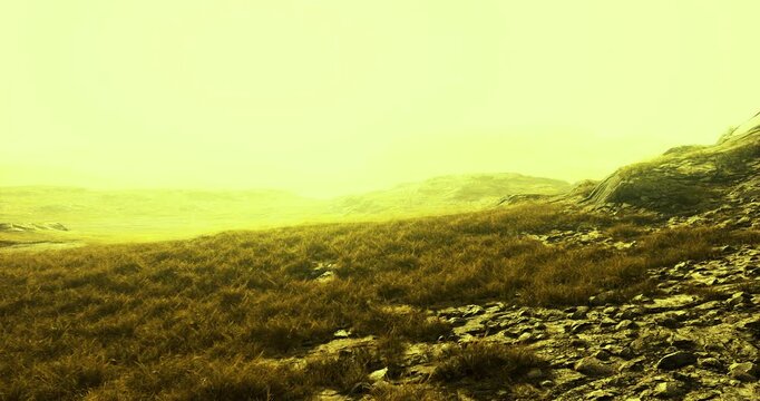 Golden hues envelop a grassy terrain, casting an ethereal light across the rugged hills. Soft mist rises, creating a dreamlike atmosphere in a tranquil setting at dusk.