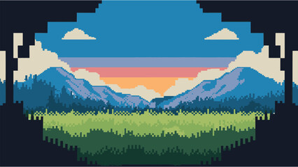 Pixel art mountain landscape at sunrise with vibrant sky colourful horizon forest silhouette and retro 8bit scenery