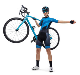 Female Cyclist Carrying Blue Road Bike on Shoulder on Isolated Background