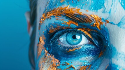 A close-up view captures a face adorned with bright paint, showing striking blue eyes surrounded by splashes of orange and blue hues, creating an intense expression