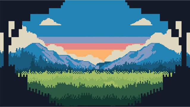 Pixel art mountain landscape at sunrise with vibrant sky colourful horizon forest silhouette and retro 8bit scenery