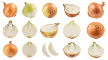 Whole, Halved, and Sliced Onions Isolated in High-Resolution PNG