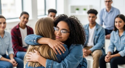 Teenagers hug in supportive group therapy session