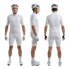 Male Cyclist in White Sportswear Jersey Mockup Standing Front Side Back View
