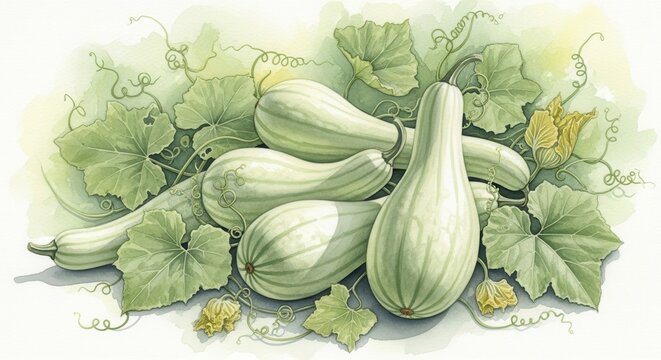Watercolor illustration of striped gourds and vines