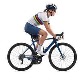 Female Cyclist Riding Road Bike Side View Isolated on Isolated Background