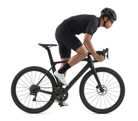 Asian Cyclist in Black Kit Riding Road Bicycle Isolated