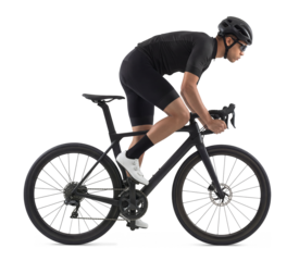 Asian Cyclist in Black Kit Riding Road Bicycle Isolated