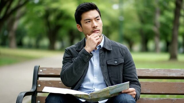 Young Asian man lost in thought, holding a map on a park bench