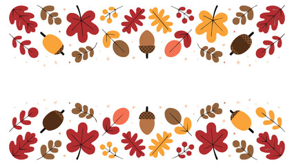 Autumn leaf and acorn border with colourful fall foliage berries and seasonal botanical elements in flat illustration © Vectyx