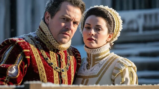 Man and woman in elaborate historical costumes staring intently, creating a compelling historical video scene. This dramatic historical video captures emotion and period detail