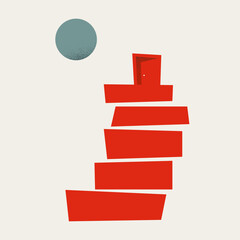 Minimalist vector concept abstract illustration of uneven red stairs leading to an open door in the sky. Symbol of opportunity, career advancement, and the path to success.