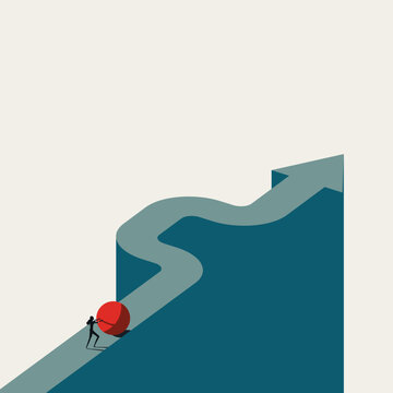 Minimalist vector concept illustration of finding a workaround or alternative route. A businesswoman pushes a red sphere along a curved, winding arrow path to overcome obstacles.