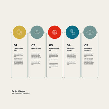 Business infographics with five vertical cards, icons, and text placeholders. Ideal for presenting project steps, timelines, or workflow processes.