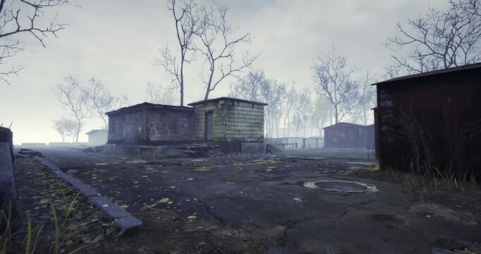 Ruins of a forgotten village reveal decrepit buildings and overgrown paths. Dry leaves blanket the cracked pavement while bare trees stretch toward a foggy sky, creating an eerie atmosphere.