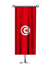Obraz premium Realistic Standing Vertical Tunisia Flag Banner on Metallic Pole