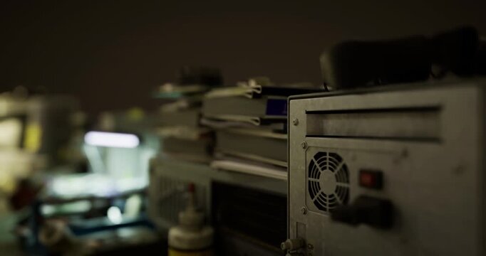 Soft light illuminates a cluttered workspace adorned with stacks of neatly organized notebooks, scattered tools, and equipment suggesting a bustling moment of creative inspiration.