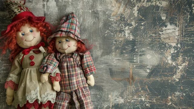 Two rag dolls with red hair sitting against grunge-style background
