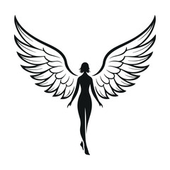 Elegant Angel Wings Woman Silhouette, Minimal Black Fairy Spirit, Inspirational Ethereal Beauty Symbol