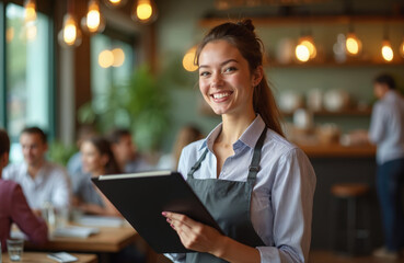 Smiling young woman server in apron works in busy restaurant. She holds menu, ready for client orders. Great service, positive atmosphere in modern cafe. Happy customers dine, enjoy food and company.