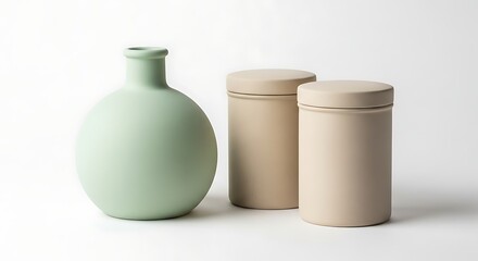 Minimalist composition of a soft green ceramic vase and two neutral beige cylindrical containers, showcasing elegant Scandinavian-inspired home decor on a clean white background