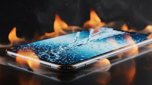 A sleek mobile device is enveloped by vibrant flames and covered in water droplets, creating a dramatic visual of extreme conditions. It symbolizes durability testing, technological risk, or potential