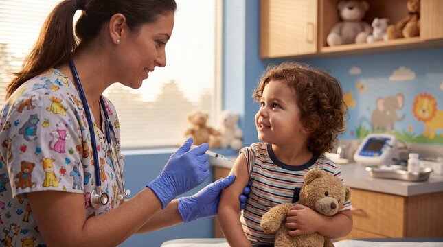 Young boy getting a vaccine shot from a friendly female nurse