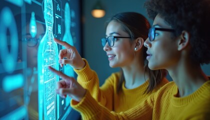 Two students interact with advanced AI hologram display in classroom. Women wear glasses. They touch screen. Futuristic tech shows human body. STEM learning. Digital education.