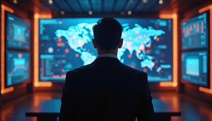 A man in a suit stands in front of a giant screen. The screen shows a world map and other data. The setting looks like a high tech control room or news studio.
